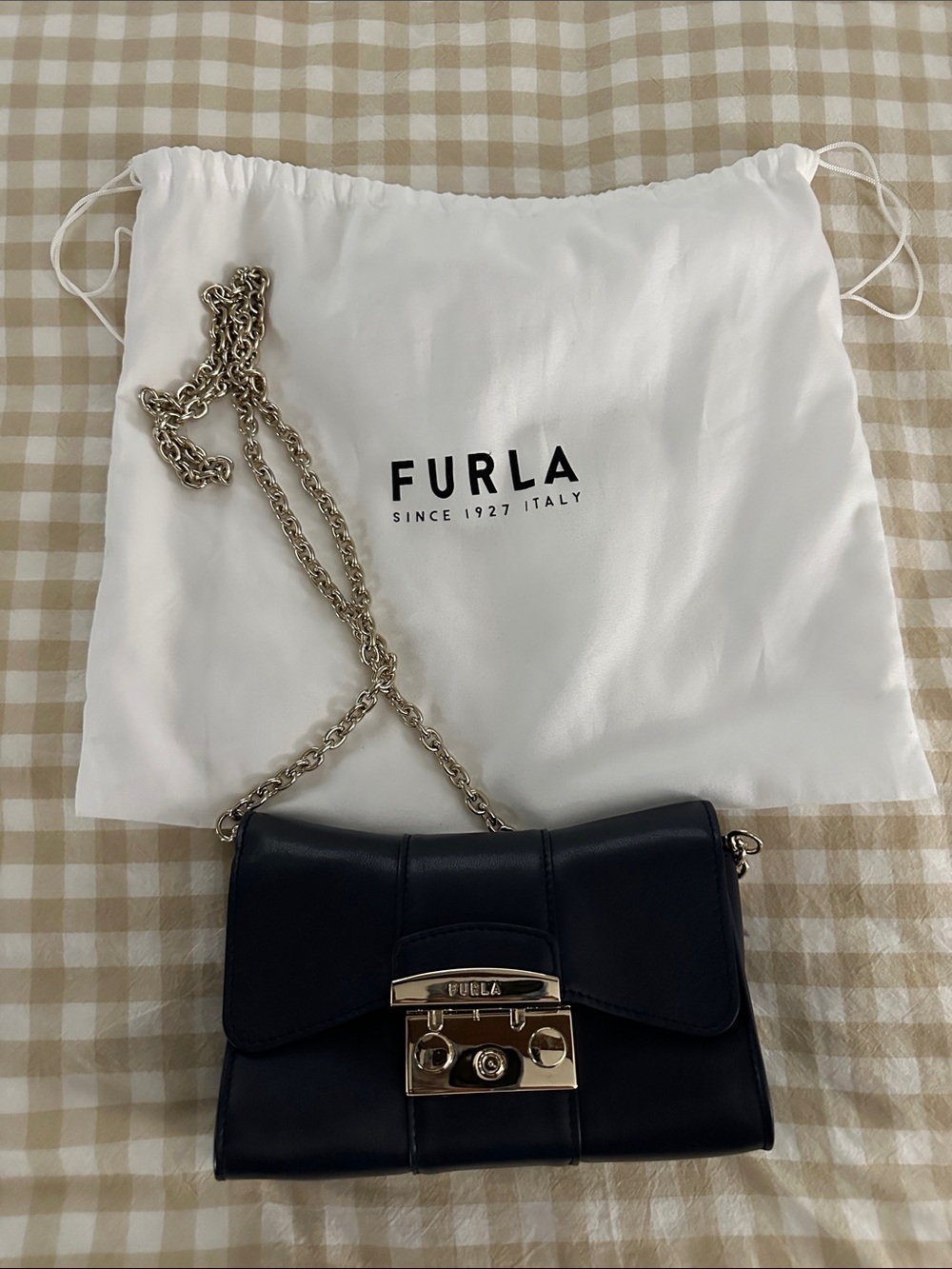 Furla Navy Leather Crossbody with Gold-Tone Chain